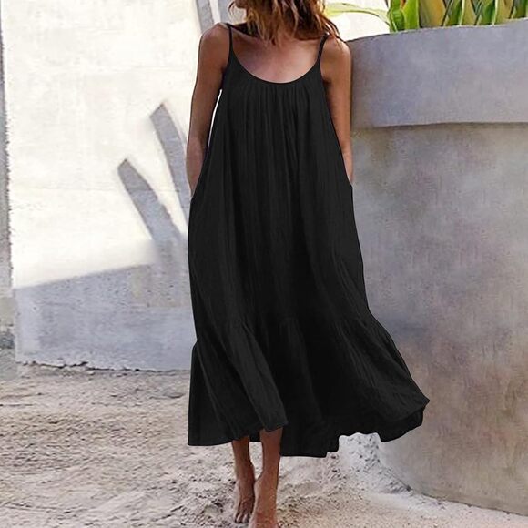 Vetiver Blue Gray Denim Round Braided Neckline & Strap Ruffle Dress 4 - Picture 2 of 12